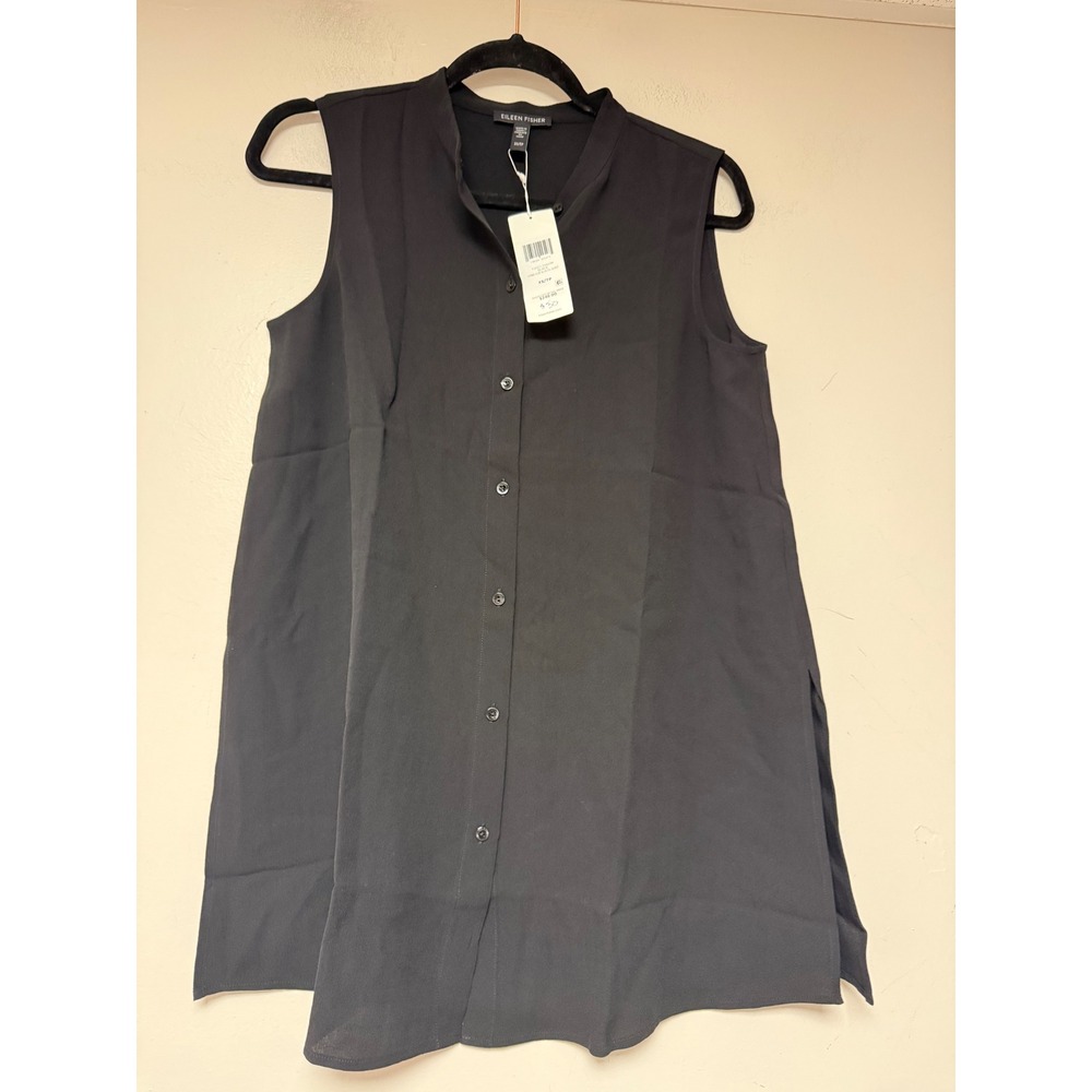 EILEEN FISHER Black Silk Stand Collar Sleeveless Shirt Top XS TP